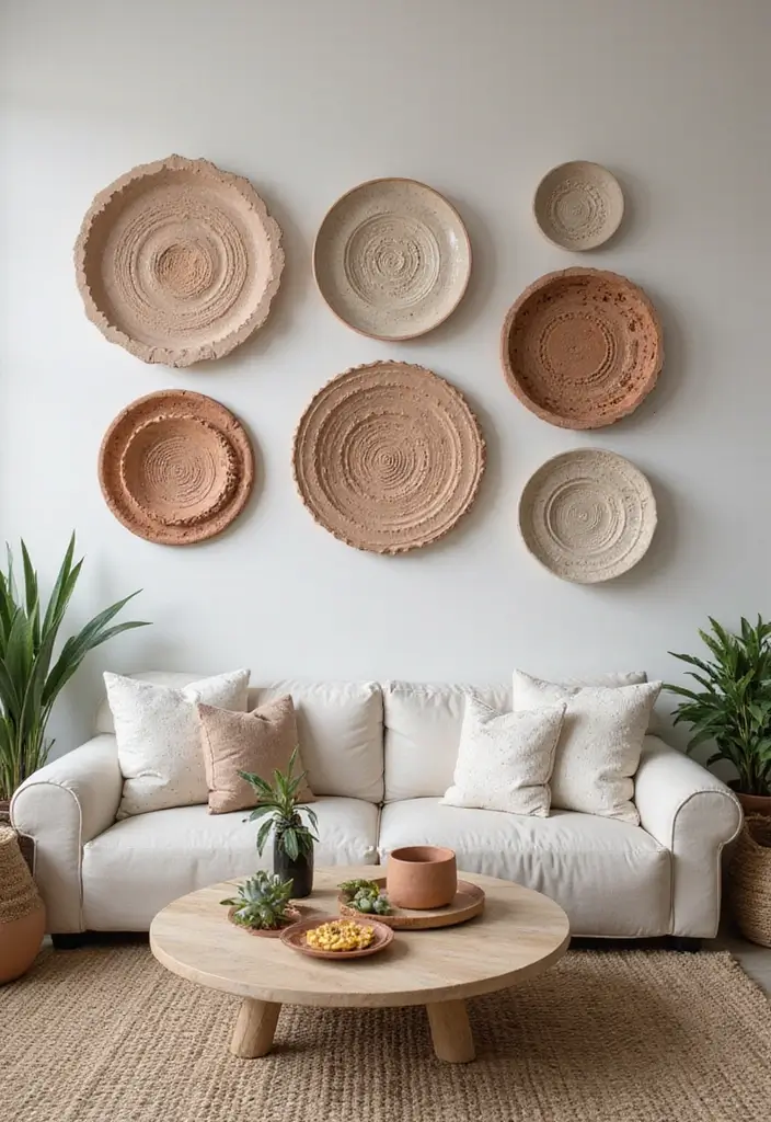 29 Decorate Living Room Wall Ideas That Transform the Space - 12. Handmade Clay Wall Art