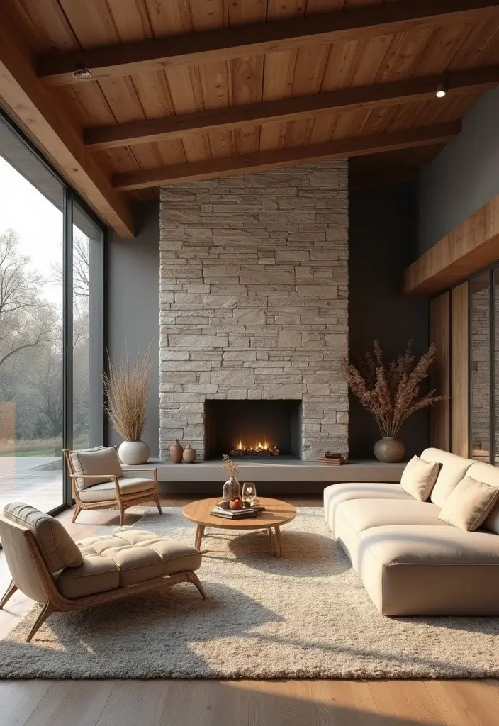 29 Decorate Living Room Wall Ideas That Transform the Space - 13. Stone and Wood Combinations