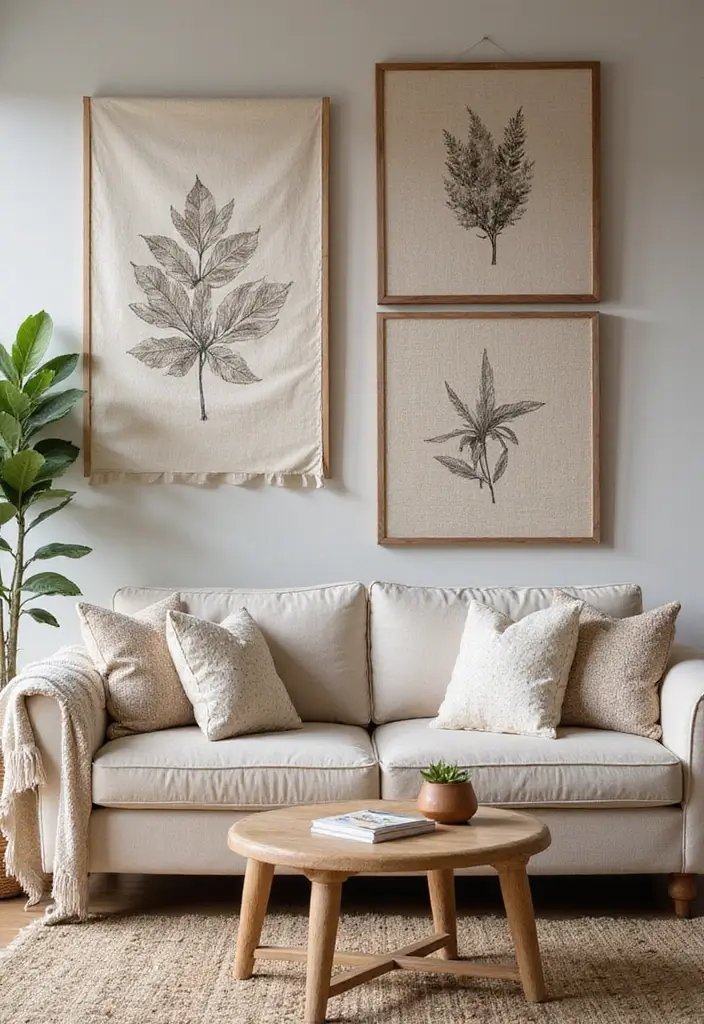 29 Decorate Living Room Wall Ideas That Transform the Space - 16. Printed Fabrics as Wall Art