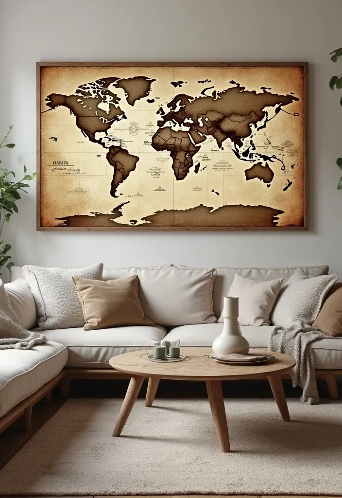 29 Decorate Living Room Wall Ideas That Transform the Space - 17. Vintage Map Decor
