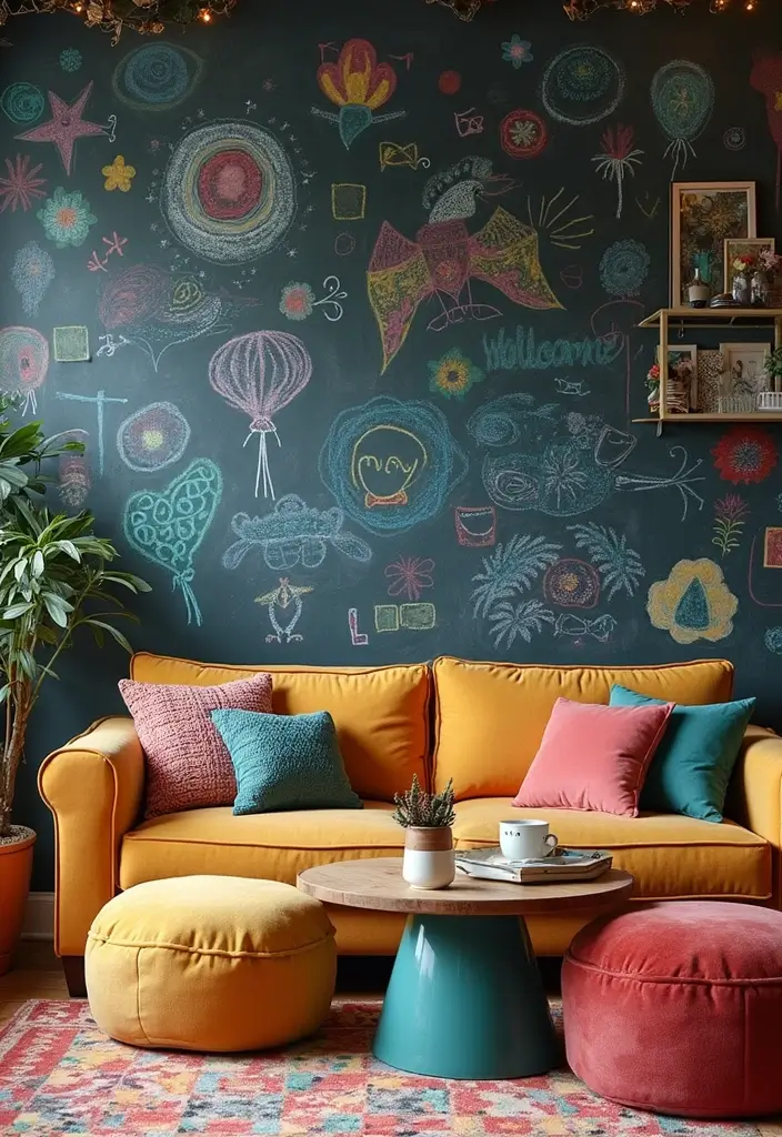 29 Decorate Living Room Wall Ideas That Transform the Space - 19. Chalkboard Wall