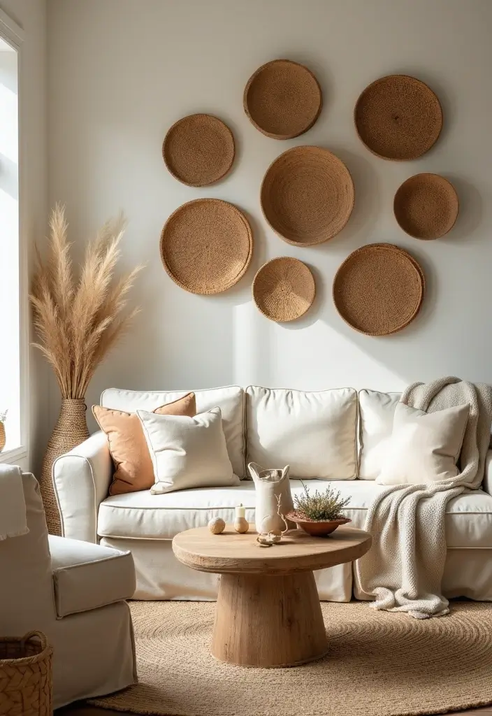 29 Decorate Living Room Wall Ideas That Transform the Space - 22. Woven Wall Baskets