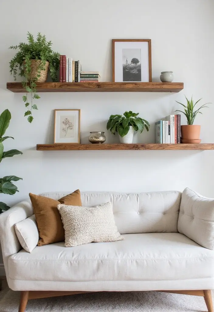 29 Decorate Living Room Wall Ideas That Transform the Space - 25. Minimalistic Floating Shelves