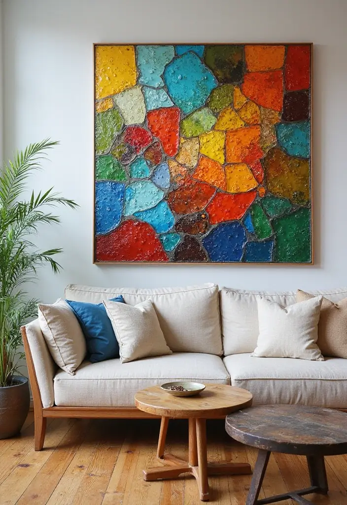 29 Decorate Living Room Wall Ideas That Transform the Space - 26. Colorful Recycled Glass Art