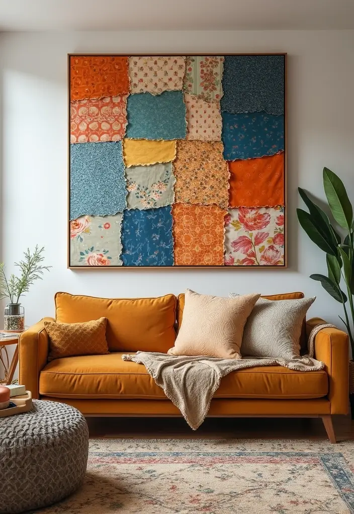 29 Decorate Living Room Wall Ideas That Transform the Space - 6. Upcycled Fabric Wall Collage