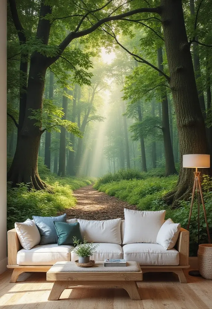 29 Decorate Living Room Wall Ideas That Transform the Space - 7. Nature-Inspired Wall Murals
