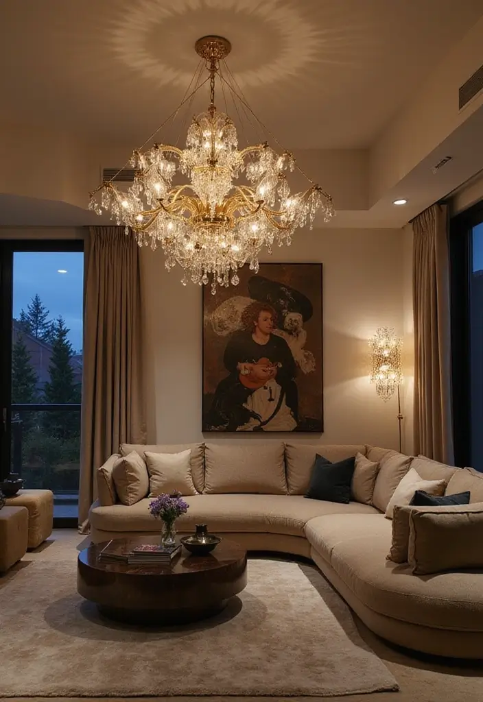 29 Living Room Open Concept Ideas That Feel Connected and Modern - 9. Statement Lighting Fixtures