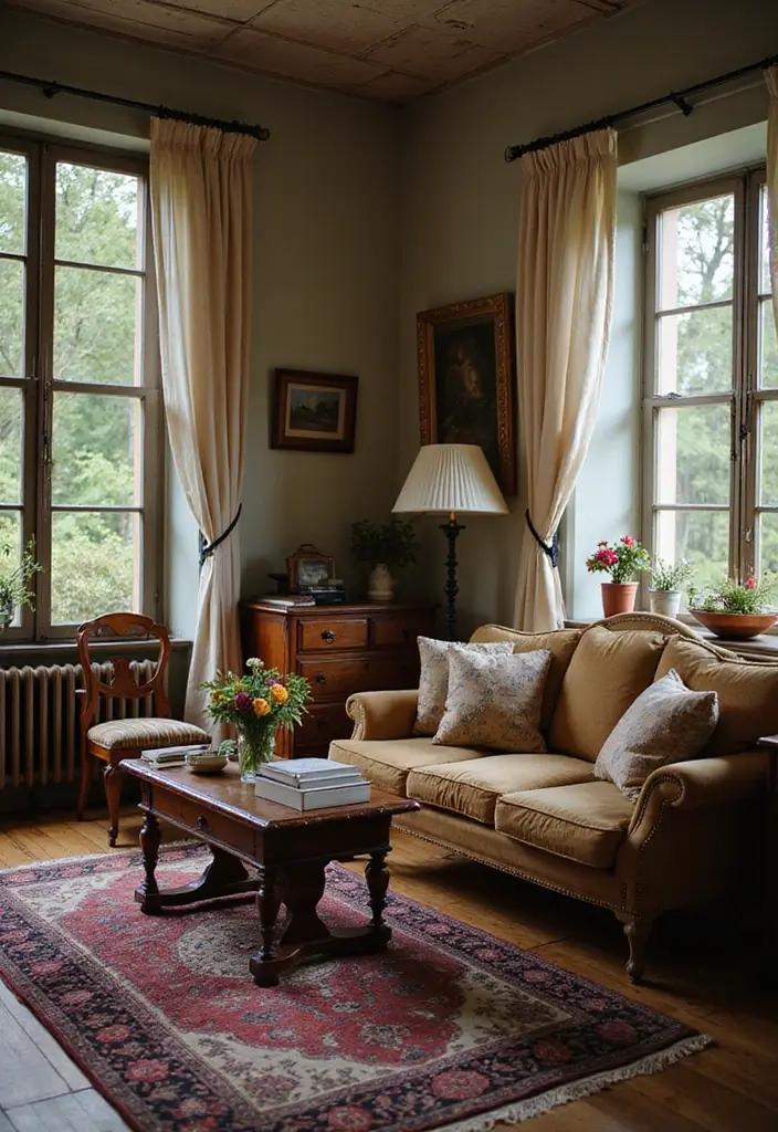 29 Living Room Photoshoot Ideas That Capture Cozy Vibes - 11. Vintage Finds that Tell a Story