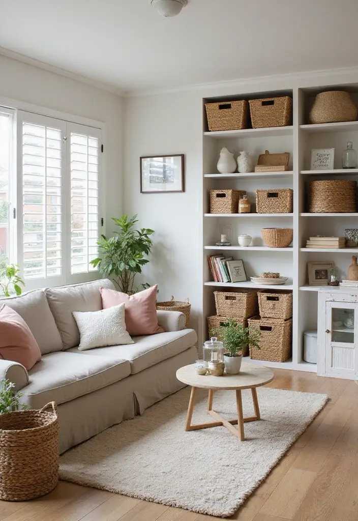 29 Living Room Photoshoot Ideas That Capture Cozy Vibes - 14. Utilizing Space Wisely with Smart Storage