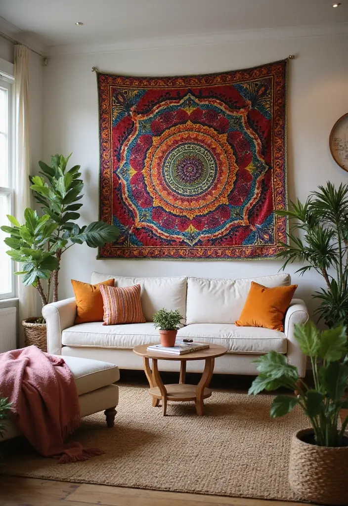 29 Living Room Side Wall Decor Ideas That Add Depth and Charm - 1. Colorful Tapestries