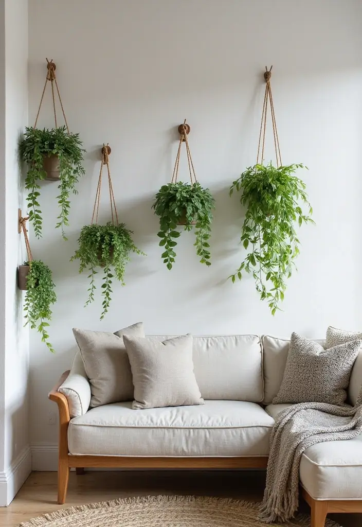 29 Living Room Side Wall Decor Ideas That Add Depth and Charm - 14. Hanging Plants