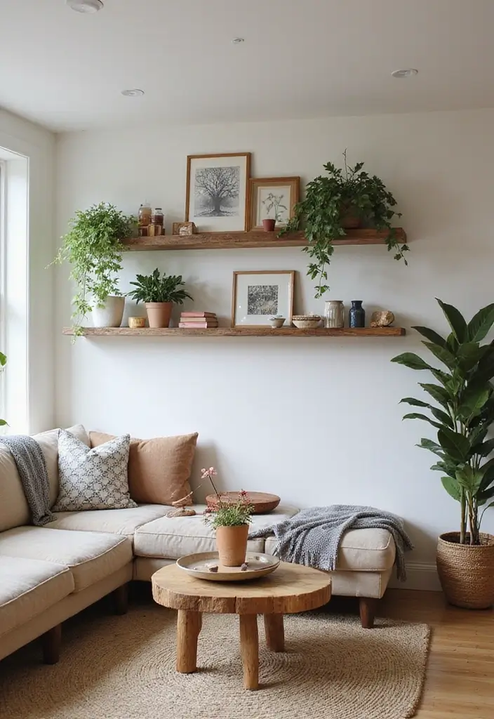 29 Living Room Side Wall Decor Ideas That Add Depth and Charm - 15. Rustic Wood Shelves