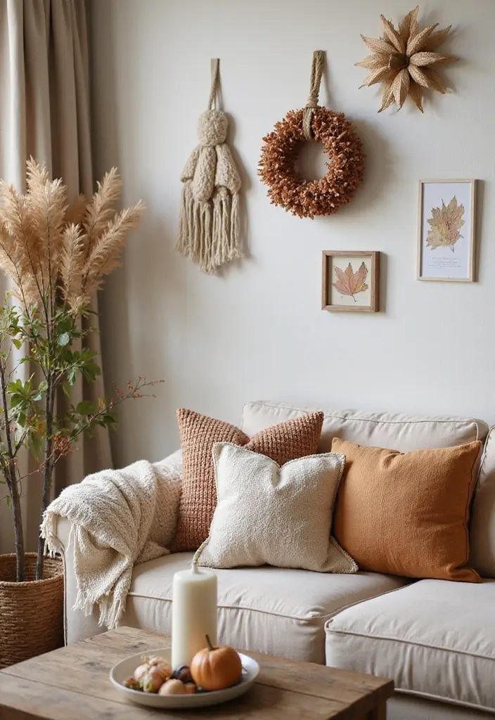 29 Living Room Side Wall Decor Ideas That Add Depth and Charm - 20. Seasonal Decor Flips