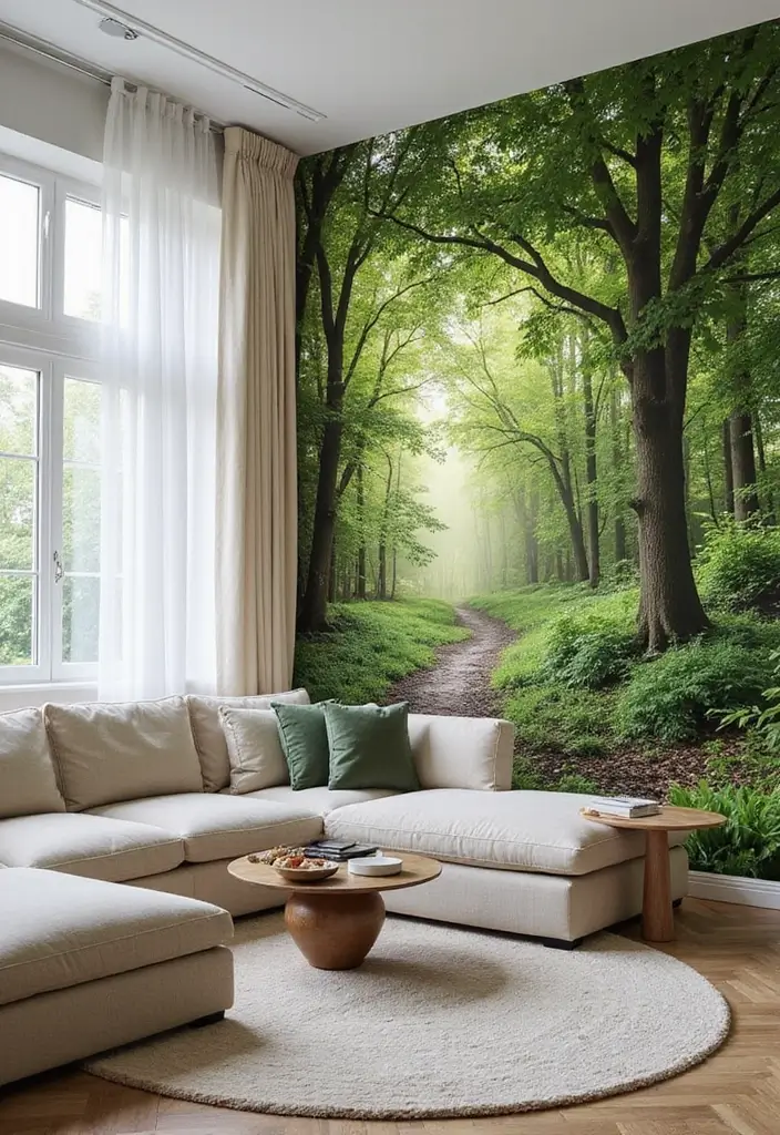 29 Living Room Side Wall Decor Ideas That Add Depth and Charm - 26. Nature-Inspired Mural