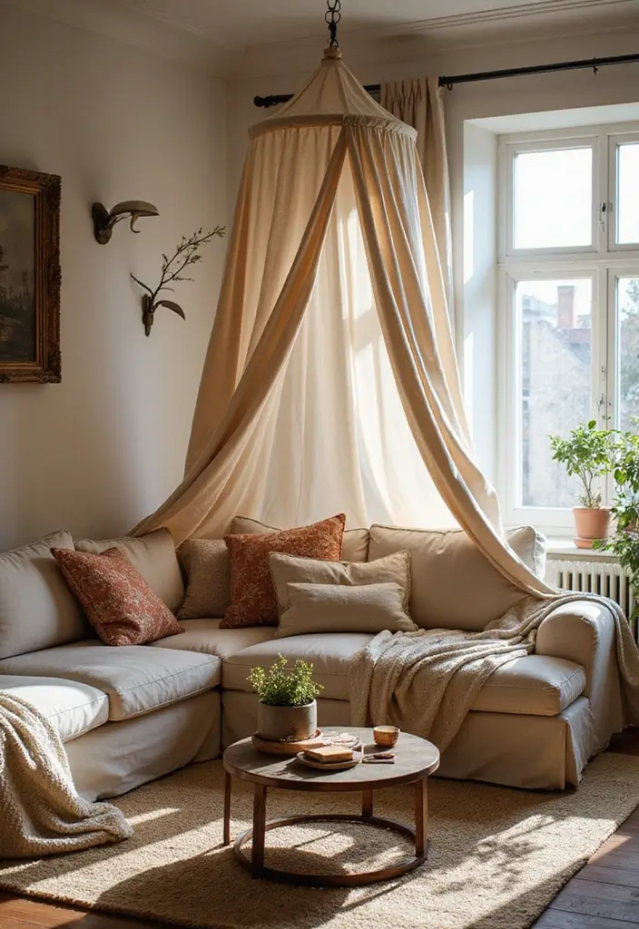 29 Living Room Side Wall Decor Ideas That Add Depth and Charm - 28. Soft Fabric Canopies