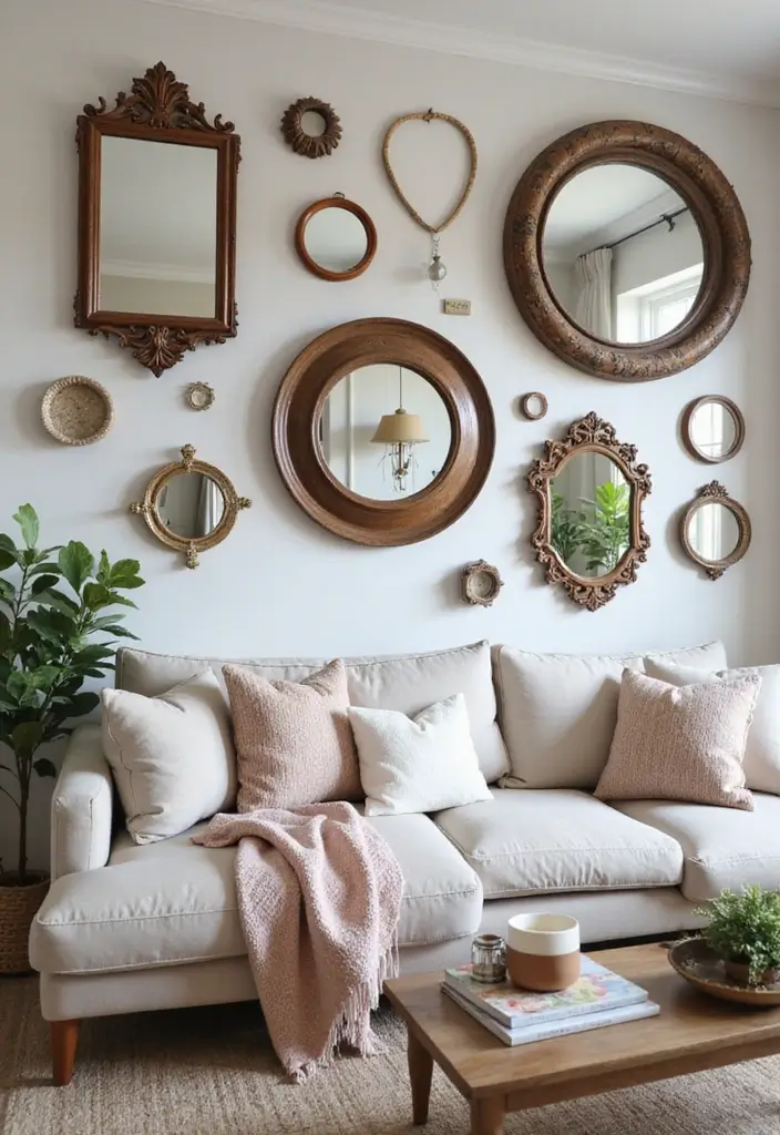 29 Living Room Side Wall Decor Ideas That Add Depth and Charm - 3. Decorative Mirrors