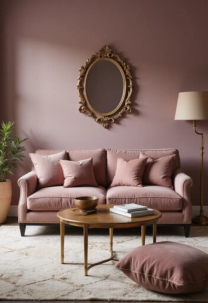 29 Mauve Living Room Ideas That Feel Soft and Sophisticated - 1. Mauve and Gold Elegance