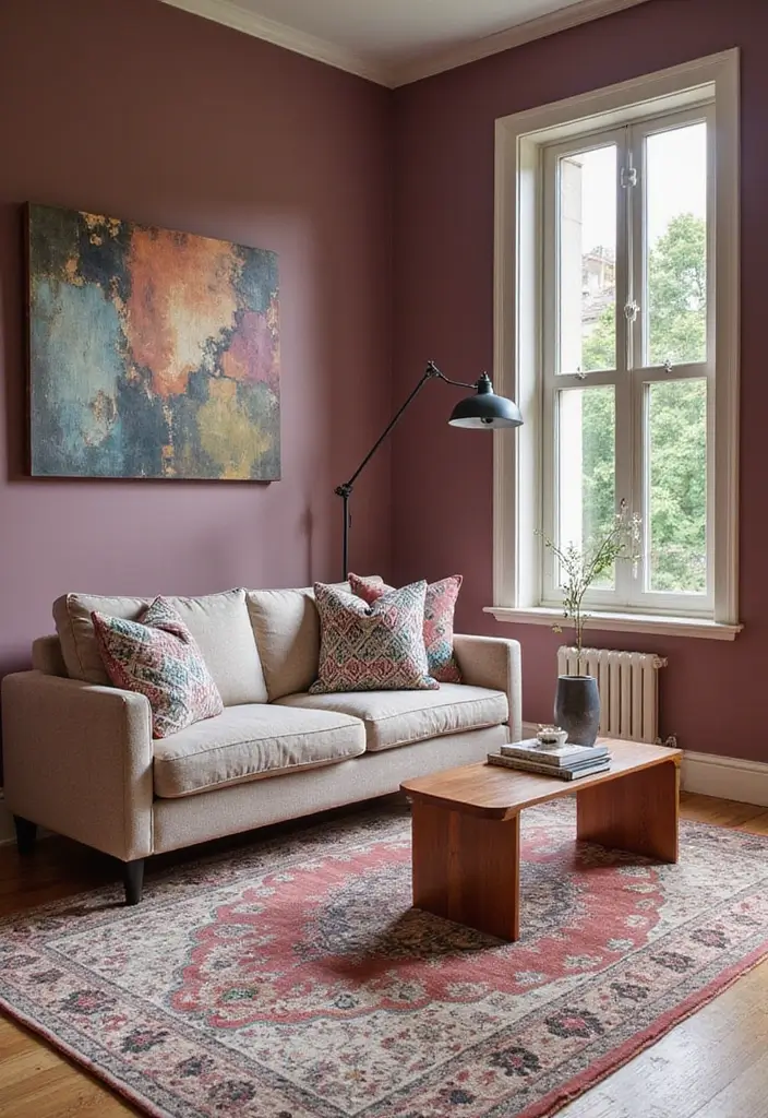 29 Mauve Living Room Ideas That Feel Soft and Sophisticated - 15. Mix and Match Patterns