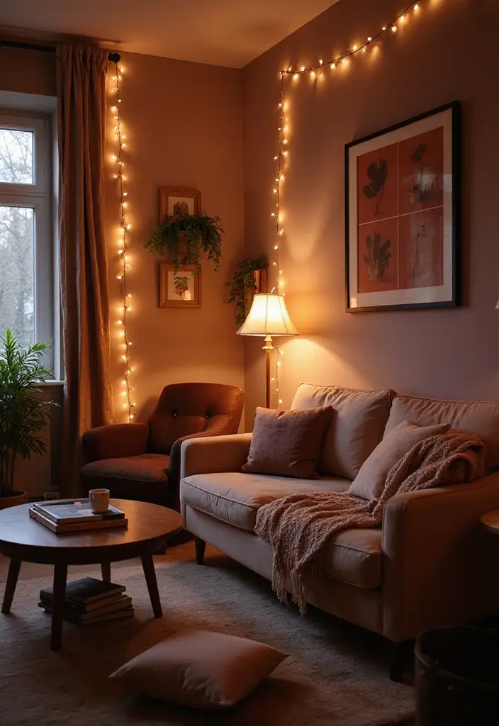 29 Mauve Living Room Ideas That Feel Soft and Sophisticated - 16. Soft Lighting Effects