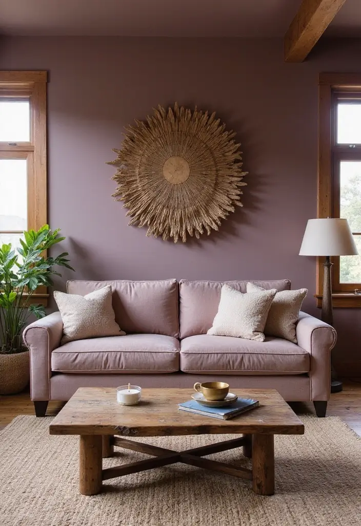 29 Mauve Living Room Ideas That Feel Soft and Sophisticated - 17. Rustic Charm