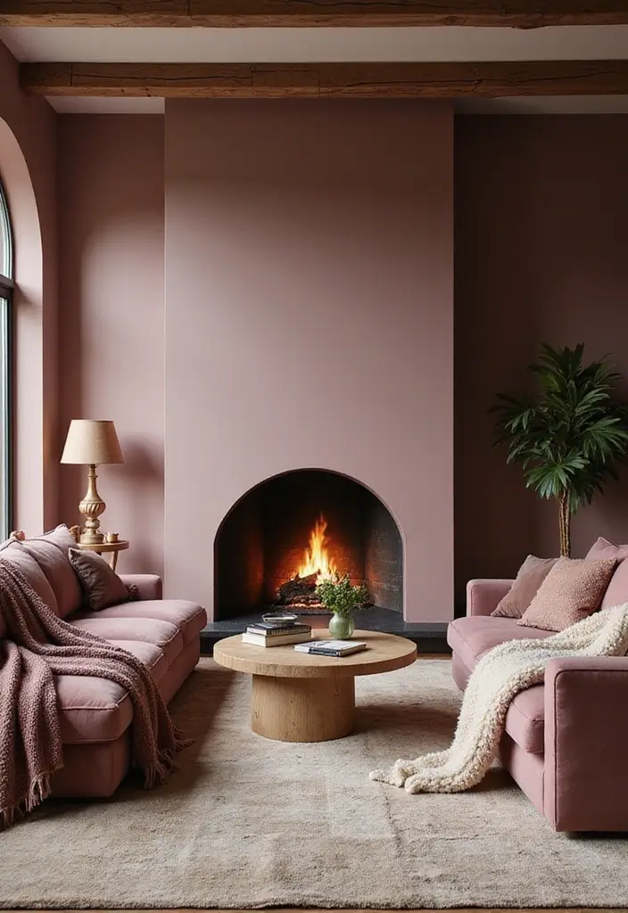 29 Mauve Living Room Ideas That Feel Soft and Sophisticated - 18. Cozy Fire Feature