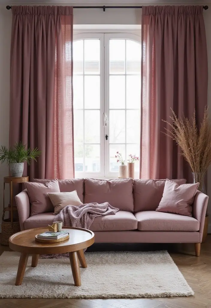 29 Mauve Living Room Ideas That Feel Soft and Sophisticated - 19. Elegant Curtains