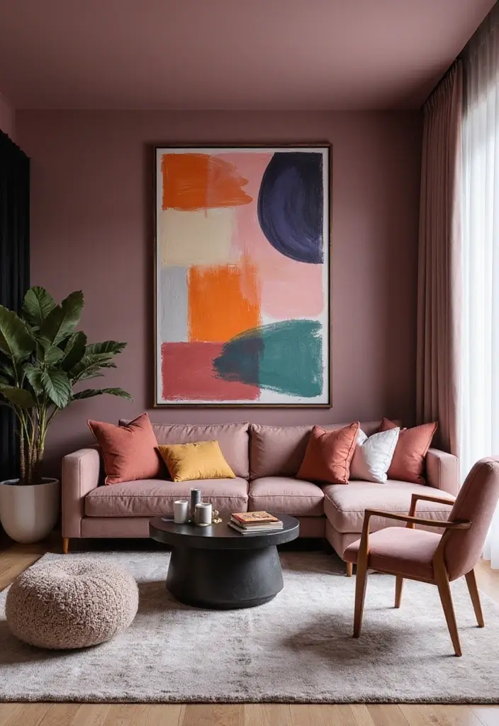 29 Mauve Living Room Ideas That Feel Soft and Sophisticated - 20. Contemporary Art