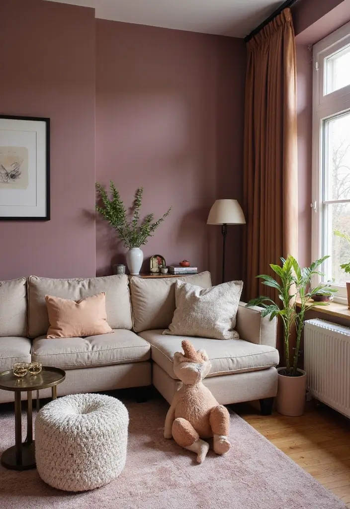 29 Mauve Living Room Ideas That Feel Soft and Sophisticated - 21. Playful Accessories