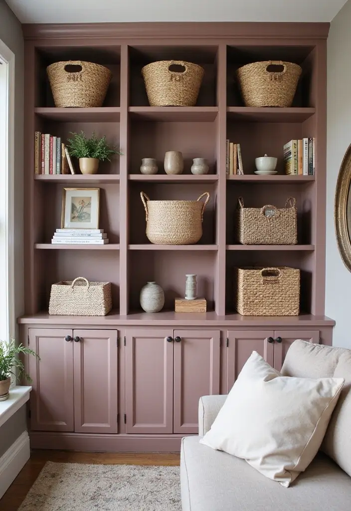 29 Mauve Living Room Ideas That Feel Soft and Sophisticated - 24. Smart Storage Solutions