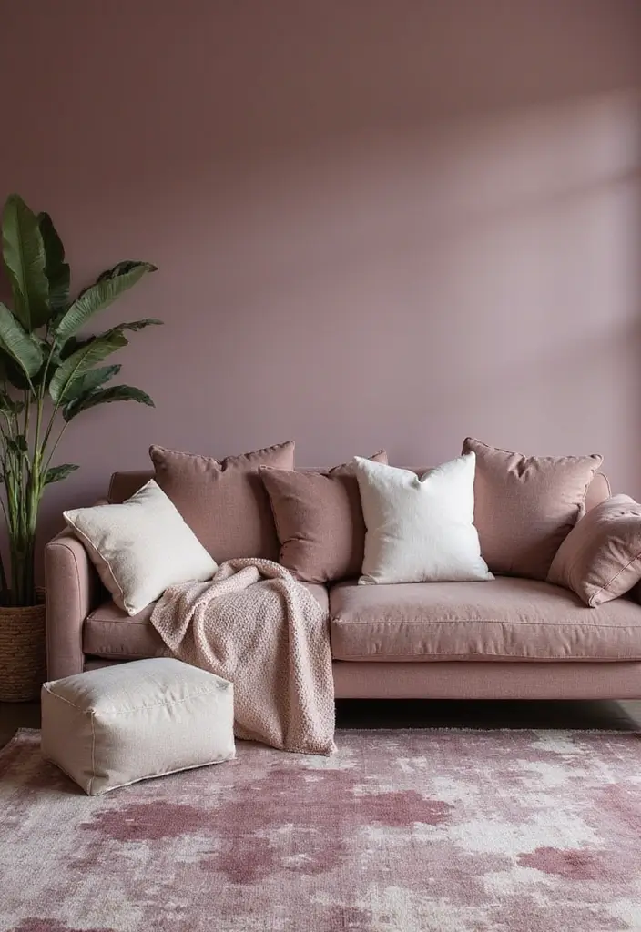 29 Mauve Living Room Ideas That Feel Soft and Sophisticated - 26. Contemporary Soft Furnishings