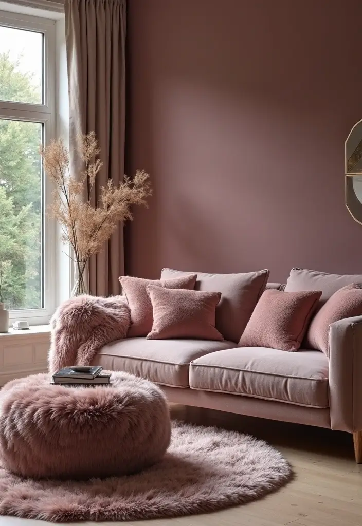 29 Mauve Living Room Ideas That Feel Soft and Sophisticated - 27. Faux Fur Accents