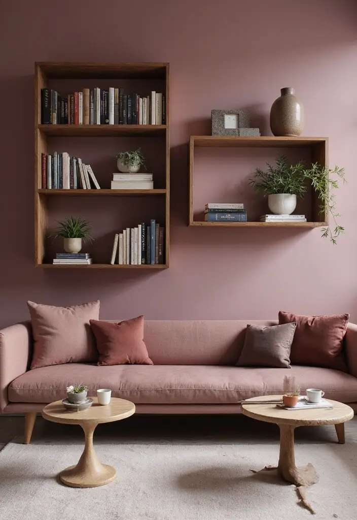 29 Mauve Living Room Ideas That Feel Soft and Sophisticated - 28. Artistic Shelving