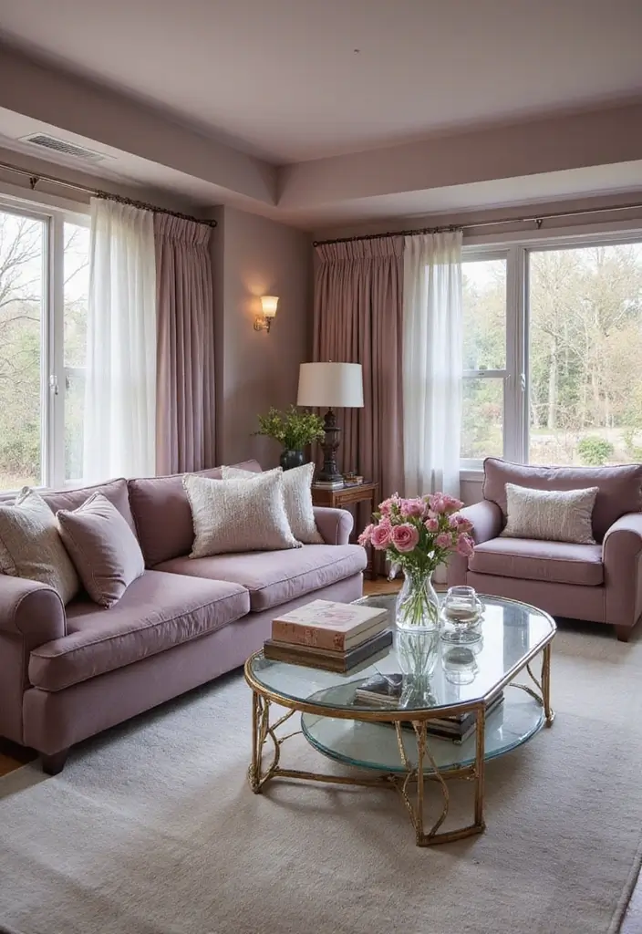 29 Mauve Living Room Ideas That Feel Soft and Sophisticated - 29. Reflective Surfaces