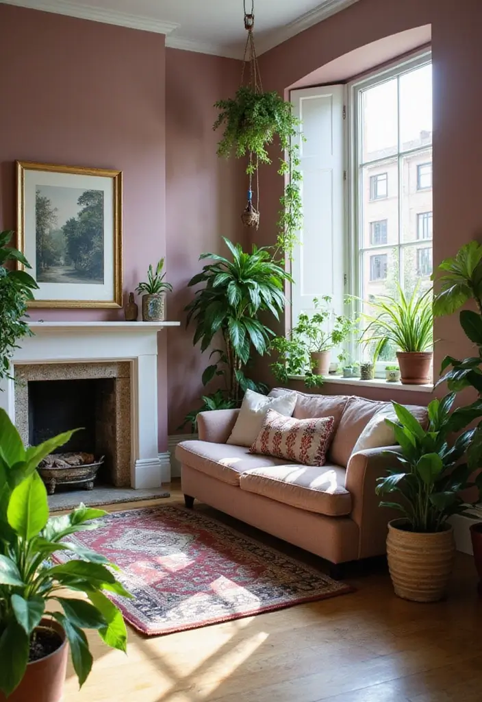 29 Mauve Living Room Ideas That Feel Soft and Sophisticated - 6. Greenery Meets Mauve