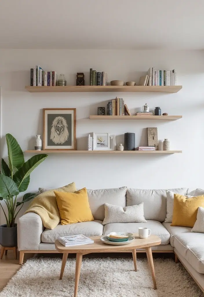 29 Neutral Living Room Ideas That Feel Warm and Balanced - 10. Open Shelving Display