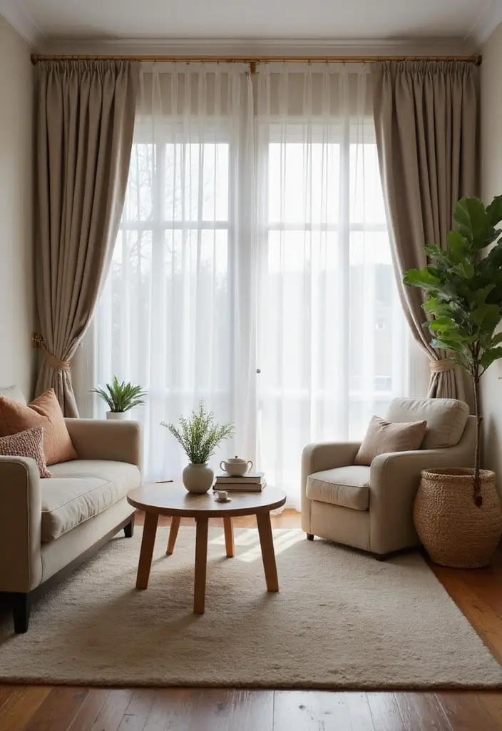 29 Neutral Living Room Ideas That Feel Warm and Balanced - 19. Layered Window Treatments
