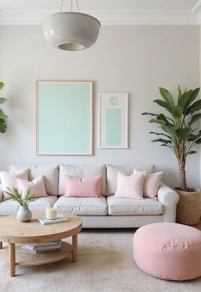29 Neutral Living Room Ideas That Feel Warm and Balanced - 4. Soft Pastels as Accents