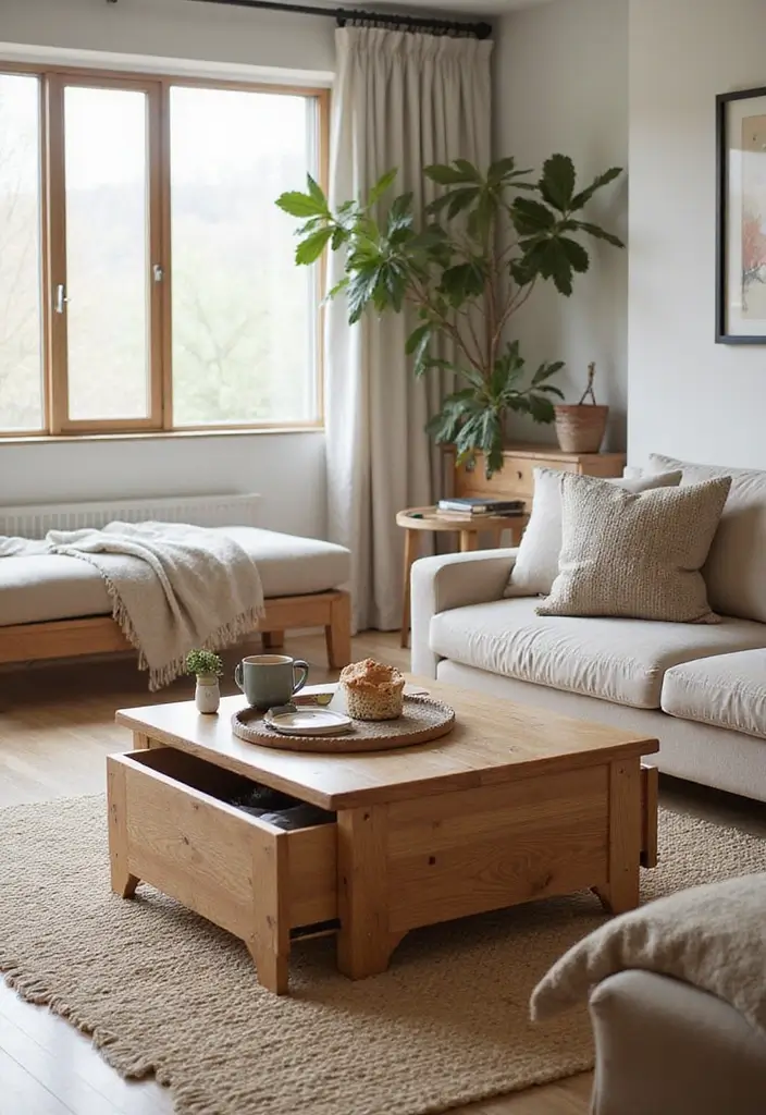 29 Oak Living Room Ideas That Feel Natural and Warm - 14. Utilize Multi-Functional Furniture