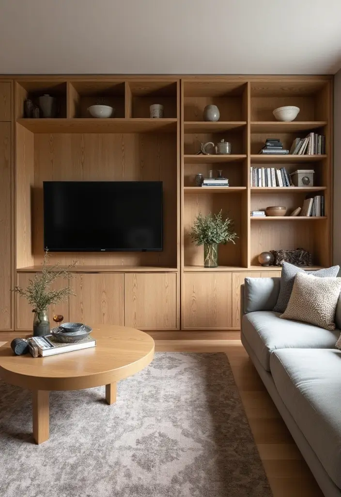 29 Oak Living Room Ideas That Feel Natural and Warm - 22. Use Built-In Furniture