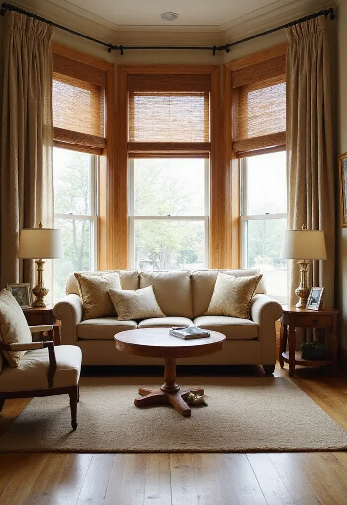 29 Oak Living Room Ideas That Feel Natural and Warm - 25. Consider Window Treatments