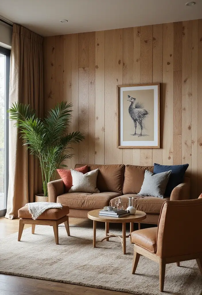 29 Oak Living Room Ideas That Feel Natural and Warm - 27. Consider Wall Treatments