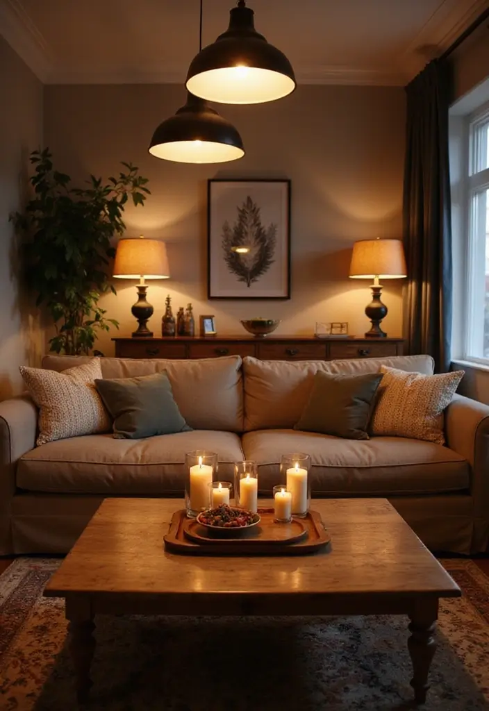 29 Oak Living Room Ideas That Feel Natural and Warm - 6. Warm Up with Lighting