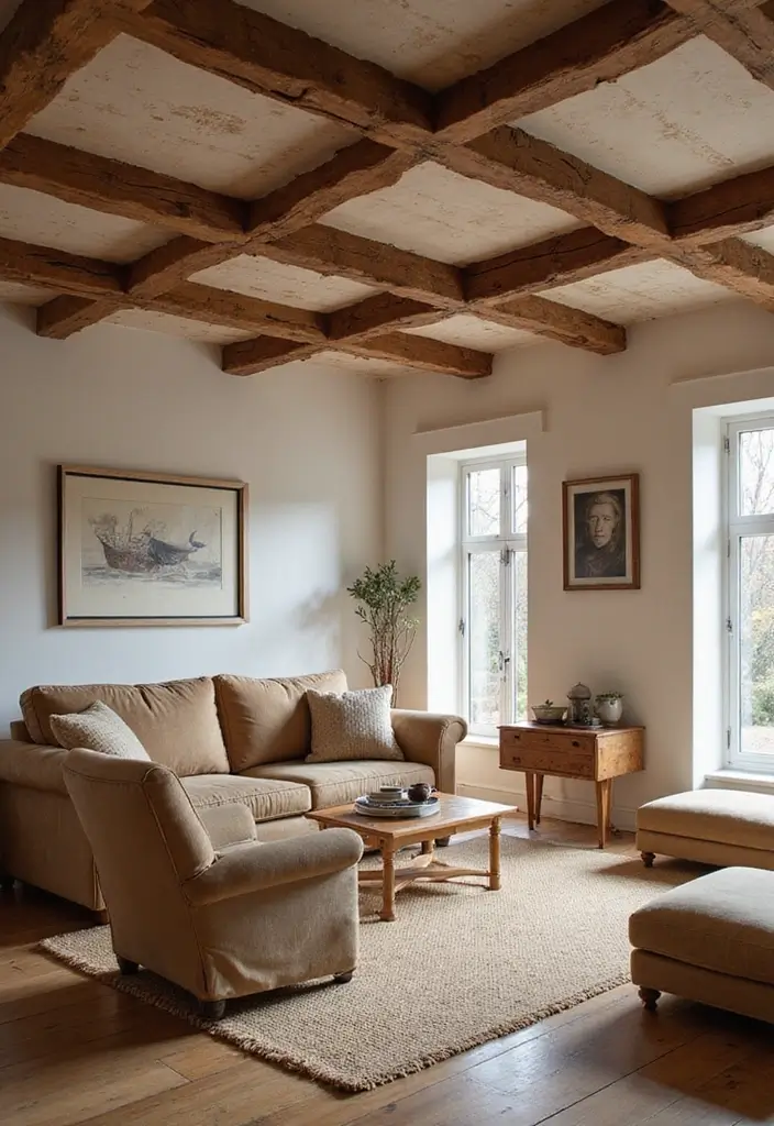 29 Oak Living Room Ideas That Feel Natural and Warm - 8. Rustic Wooden Beams