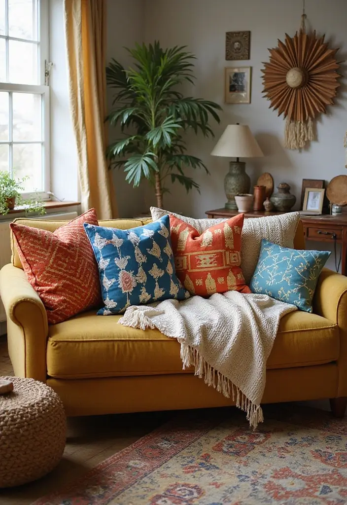 29 Retro Living Room Ideas That Bring Back Vintage Charm - 11. Eclectic Throw Pillows