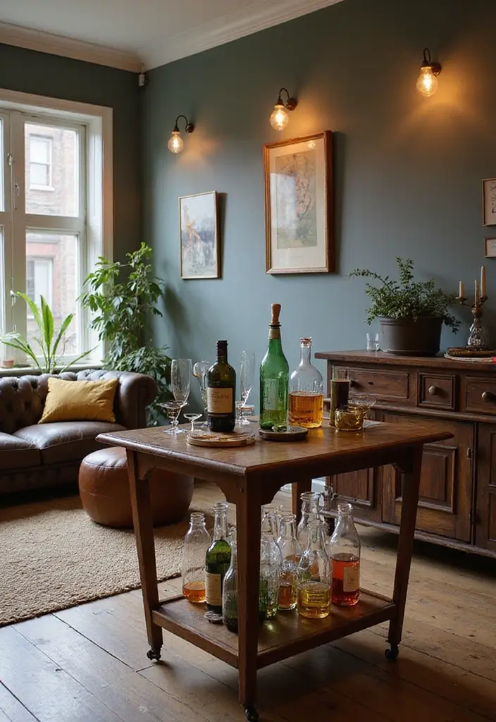 29 Retro Living Room Ideas That Bring Back Vintage Charm - 15. A Fun Bar Cart