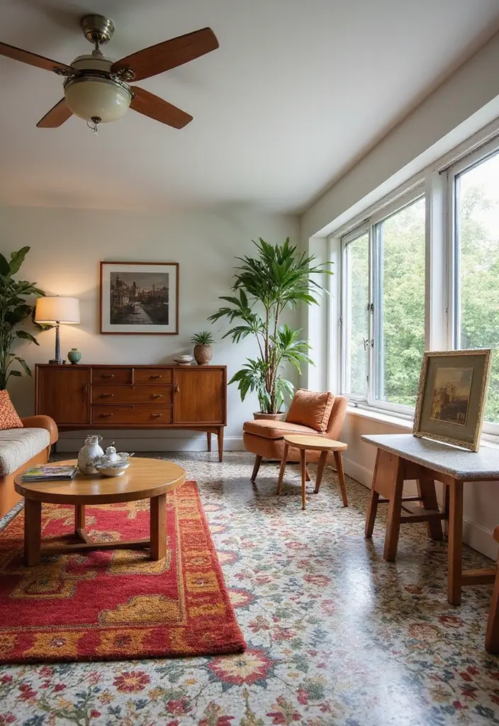 29 Retro Living Room Ideas That Bring Back Vintage Charm - 22. Retro-Inspired Flooring