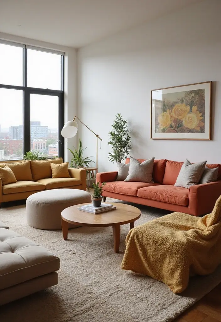 29 Retro Living Room Ideas That Bring Back Vintage Charm - 23. Playful Furniture Groupings