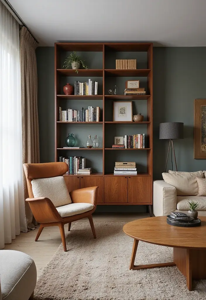 29 Retro Living Room Ideas That Bring Back Vintage Charm - 27. Statement Bookshelves