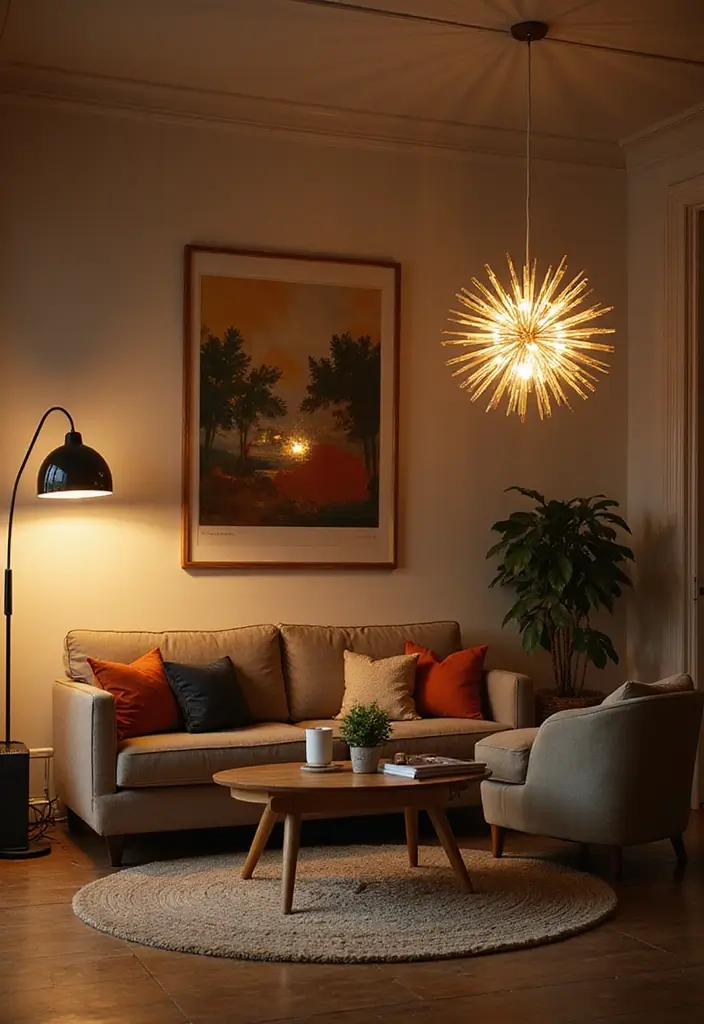 29 Retro Living Room Ideas That Bring Back Vintage Charm - 4. Iconic Lighting Fixtures