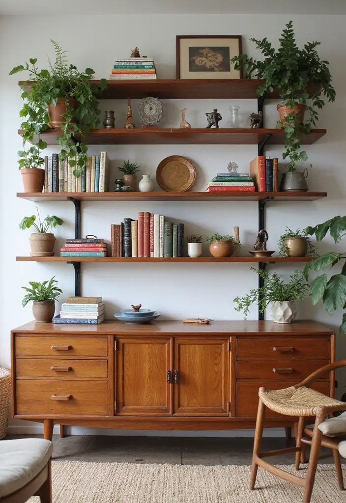 29 Retro Living Room Ideas That Bring Back Vintage Charm - 7. Stylish Shelving
